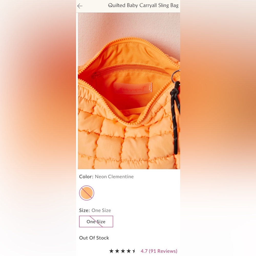 Free People Movement ~ Quilted Baby Carryall Sling Bag ~ Neon Clementine ~ NWT - Picture 4 of 8